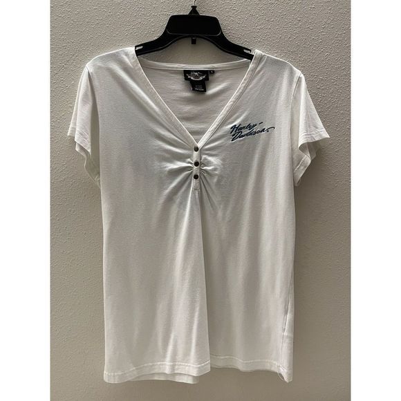 Harley Davidson Women Sz L Retro Embroidered 1/4 Snap Button T-Shirt Top - Picture 5 of 7